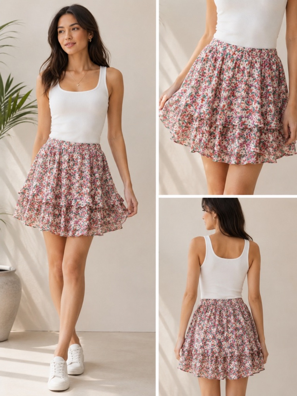 Zara Pink and Green Floral Tiered Skater Skort